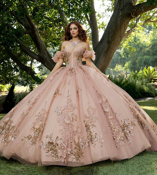 Rose Gold Quinceañera Ball Gown with 3D Floral Off-Shoulder Sleeves, See-Through Corset, and Cathedral Train