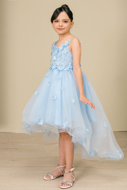 Sky Blue High-Low Tulle Dress with 3D Floral Design Flower Girl Dress