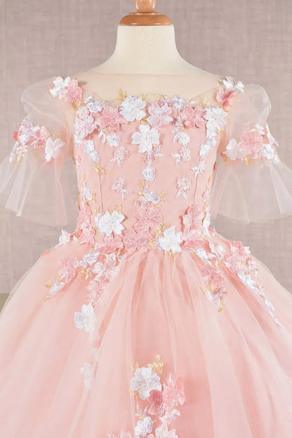 Blush Kid Ballgown with 3D Floral Appliqué, Puff Sleeves, and Long Back Hem front zoom