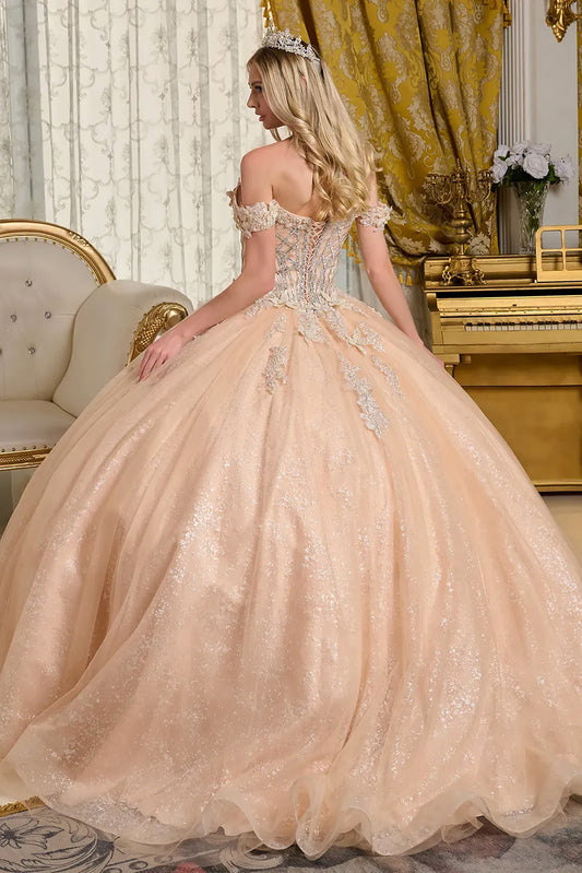 Quinceañera | Champagne Ball Gown with Bejeweled Corset Bodice and 3D Floral Appliques | Isaura dress back view