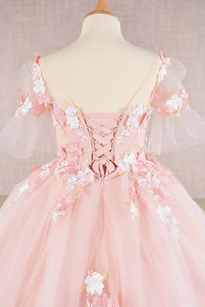 Blush Kid Ballgown with 3D Floral Appliqué, Puff Sleeves, and Long Back Hem back zoom