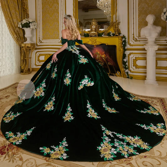 Dark Green Velvet and Organza Charro Ball Gown with Floral Embroidery and Ruffled Overlays | Feliciana dress
