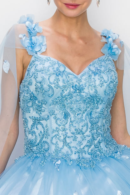 Light blue lace dress with floral straps on a plain background