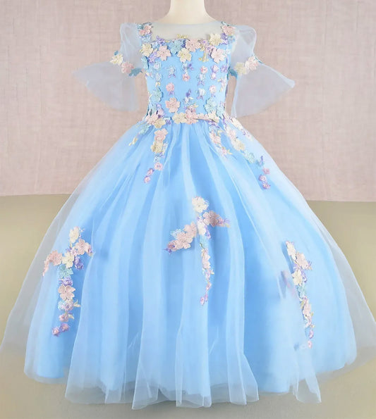Baby Blue Kid Ballgown with 3D Floral Appliqué, Puff Sleeves, and Long Back Hem front view