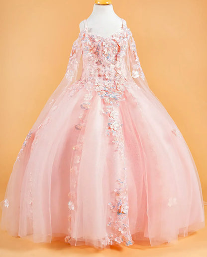 blush floral dress on a mannequin against an orange background