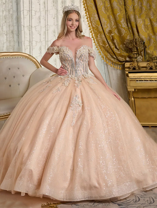 Quinceañera | Champagne Ball Gown with Bejeweled Corset Bodice and 3D Floral Appliques | Isaura dress