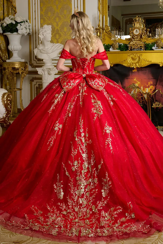 Quinceañera | Red Ball Gown with Pleated Off-Shoulder Straps, and Glitter Details | Evelisse dress back
