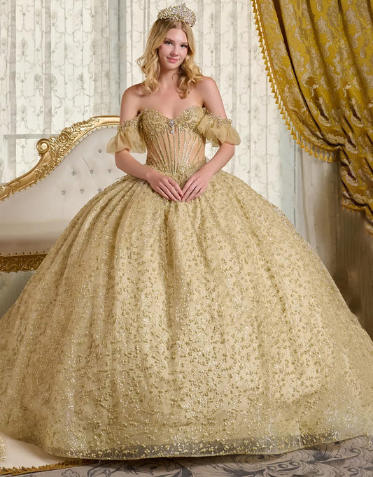 Quinceañera | Gold Ball Gown with Sheer Bejeweled Corset Bodice and Bubble Sleeves | Jacaranda dress front view