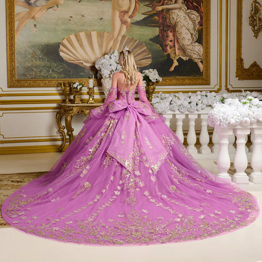 Quinceañera | Purple Ball Gown with Sheer Glitter Bodice, Ruffled Overlay, and Detachable Sleeves | Violeta dress back view