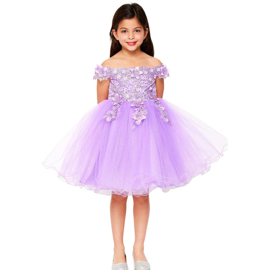 Young girl wearing a purple off-shoulder dress with floral details on a white background