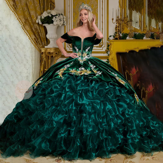 Dark Green Velvet and Organza Charro Ball Gown with Floral Embroidery and Ruffled Overlays | Feliciana dress front view