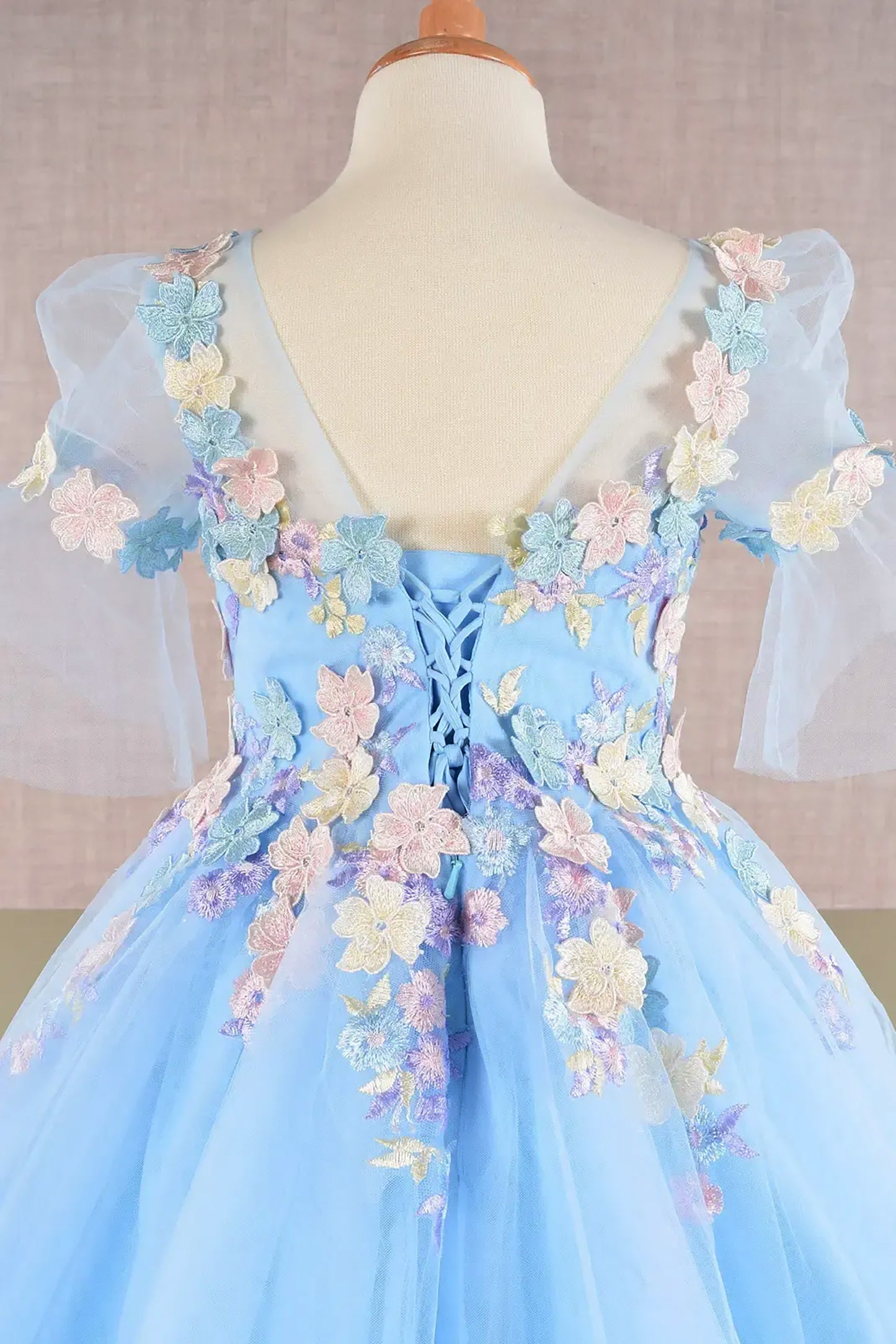 Baby Blue Kid Ballgown with 3D Floral Appliqué, Puff Sleeves, and Long Back Hem back zoom