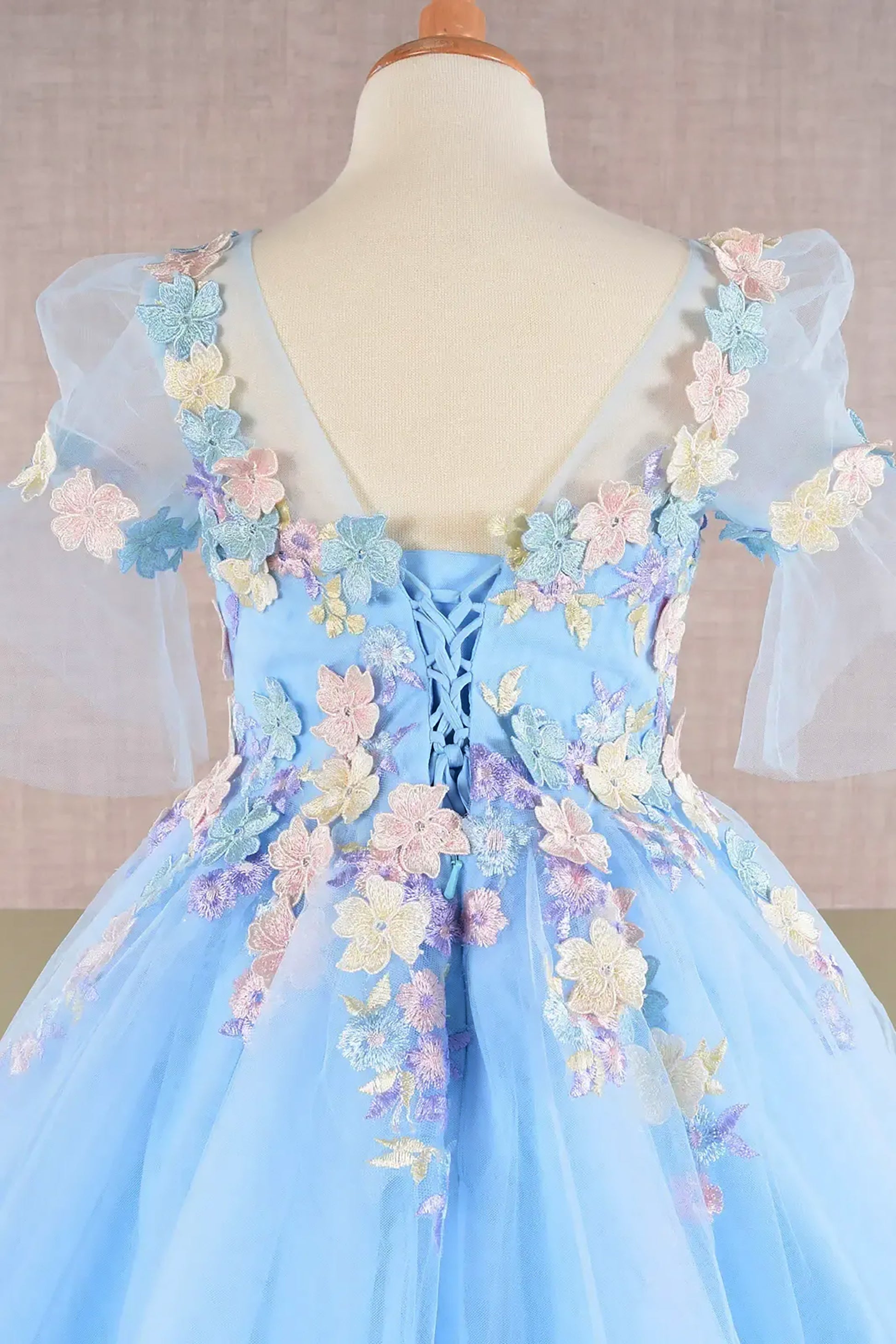Baby Blue Kid Ballgown with 3D Floral Appliqué, Puff Sleeves, and Long Back Hem back zoom