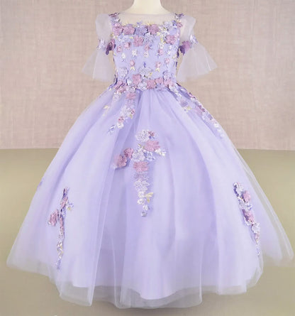 Lilac Kid Ballgown with 3D Floral Appliqué, Puff Sleeves, and Long Back Hem front view