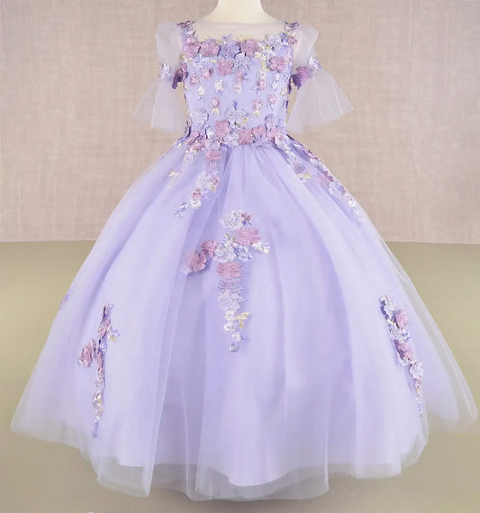 Lilac Kid Ballgown with 3D Floral Appliqué, Puff Sleeves, and Long Back Hem front view