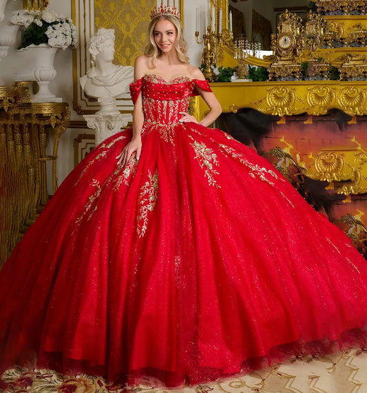 Quinceañera | Red Ball Gown with Pleated Off-Shoulder Straps, and Glitter Details | Evelisse dress