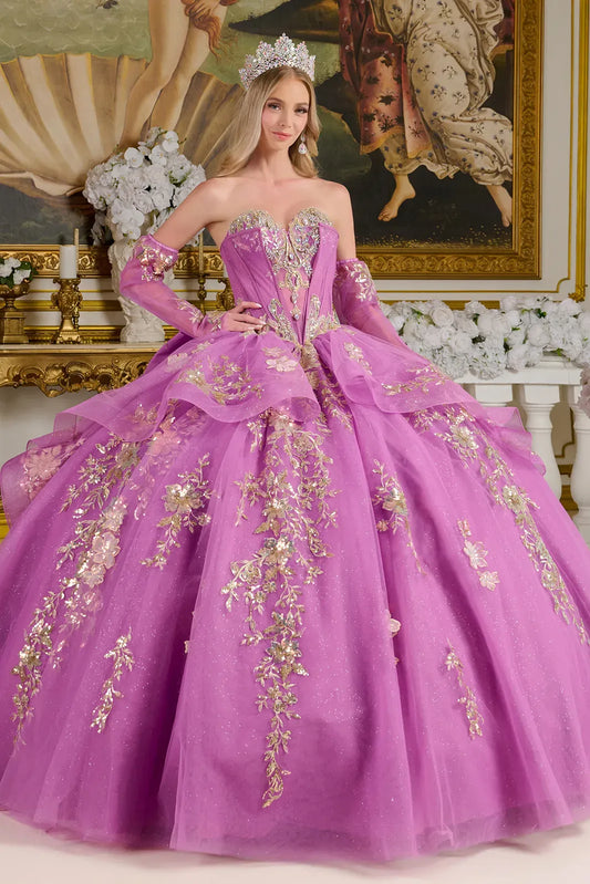 Quinceañera | Purple Ball Gown with Sheer Glitter Bodice, Ruffled Overlay, and Detachable Sleeves | Violeta dress front view