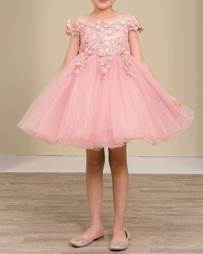 dusty rose off-shoulder dress with floral details on a plain background