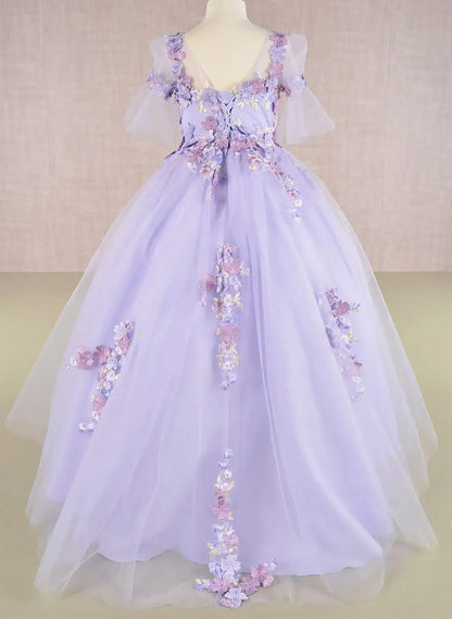 Lilac Kid Ballgown with 3D Floral Appliqué, Puff Sleeves, and Long Back Hem back view