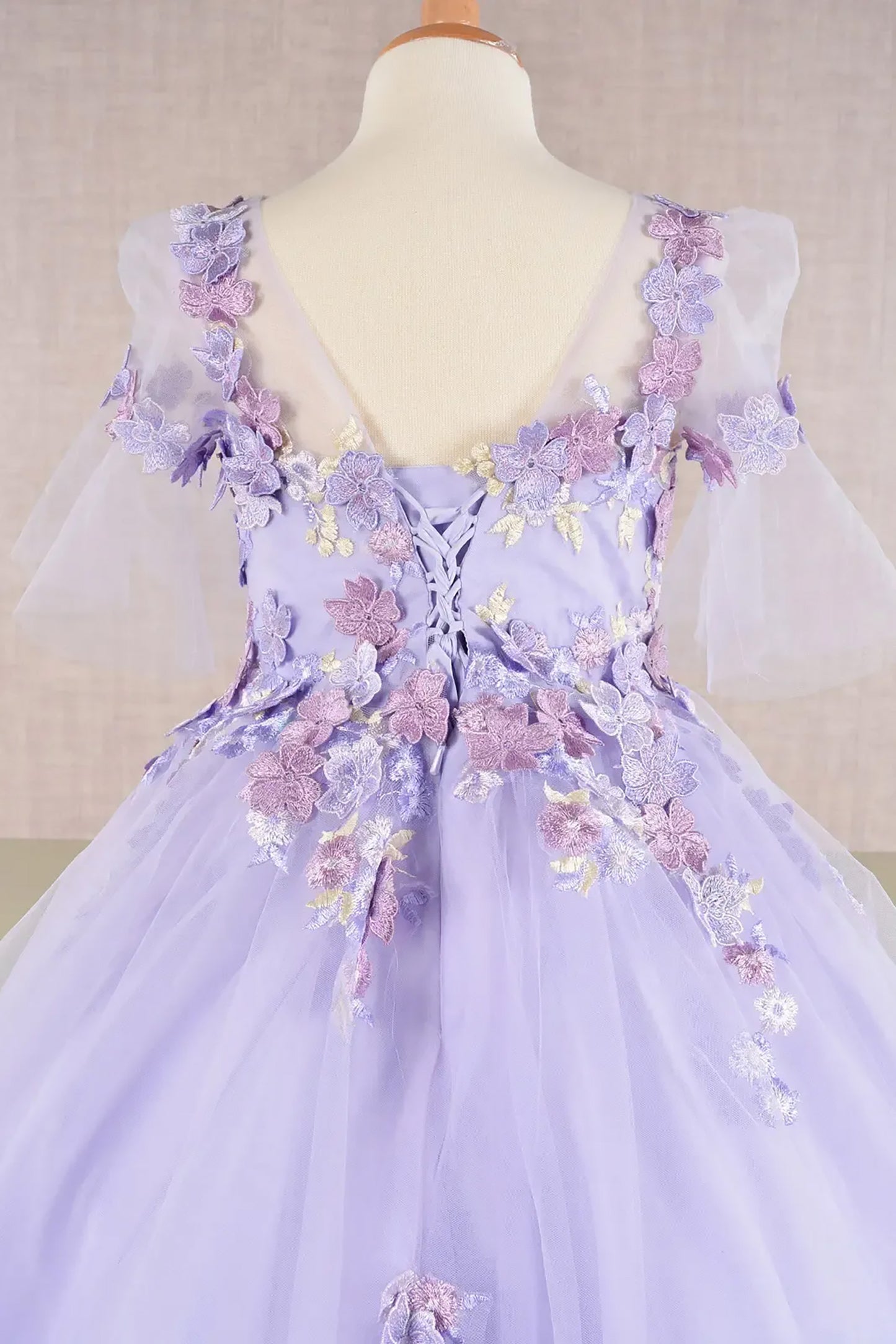 Lilac Kid Ballgown with 3D Floral Appliqué, Puff Sleeves, and Long Back Hem back zoom
