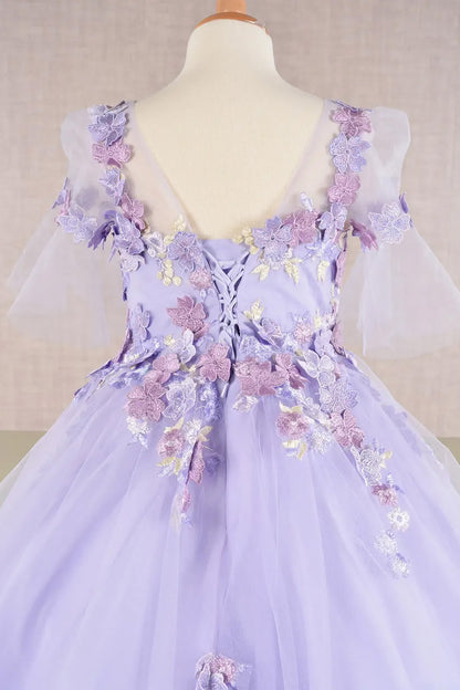 Lilac Kid Ballgown with 3D Floral Appliqué, Puff Sleeves, and Long Back Hem back zoom