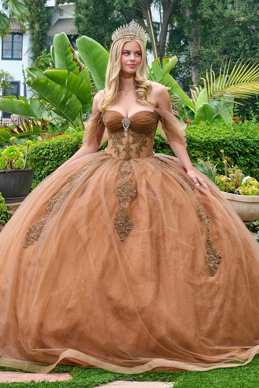 Woman in a brown ball gown with intricate detailing in an outdoor setting.