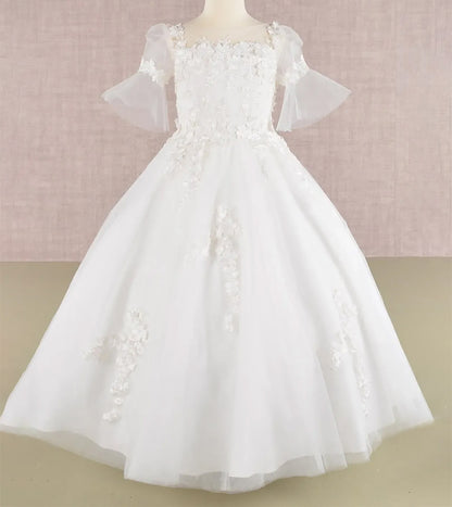 Off-White Kid Ballgown with 3D Floral Appliqué, Puff Sleeves, and Long Back Hem front view