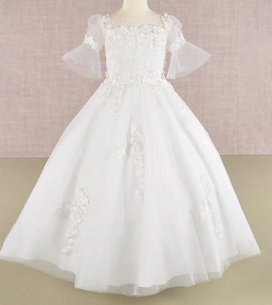 Off-White Kid Ballgown with 3D Floral Appliqué, Puff Sleeves, and Long Back Hem front view