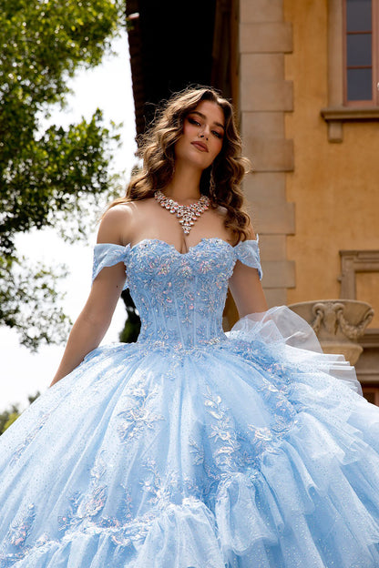 Woman in a light blue ball gown with floral details outdoors.