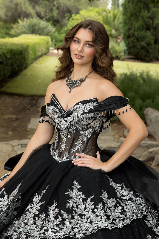 a girl in a v neck black quinceañera ball gown with silver floral embroidery 