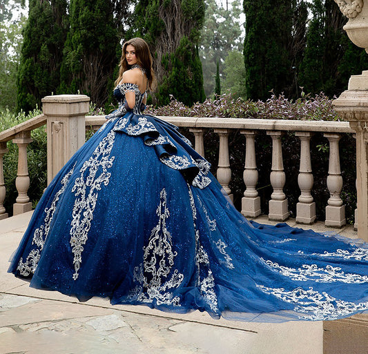 Woman in a blue and silver ball gown standing outdoors.