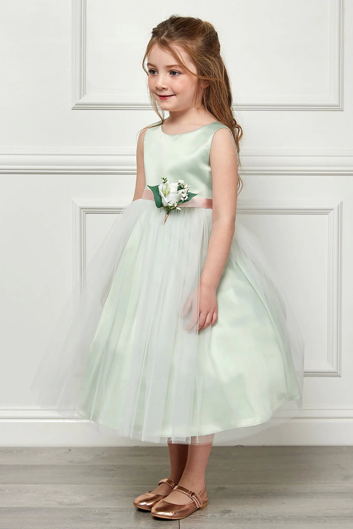 Sage Satin and Tulle Dress with Beautiful Pin-On Bouquet American Stride Sage Satin and Tulle Dress with Beautiful Pin-On Bouquet American Stride