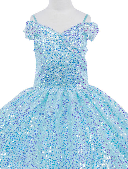 Blue sequin dress on a mannequin against a white background
