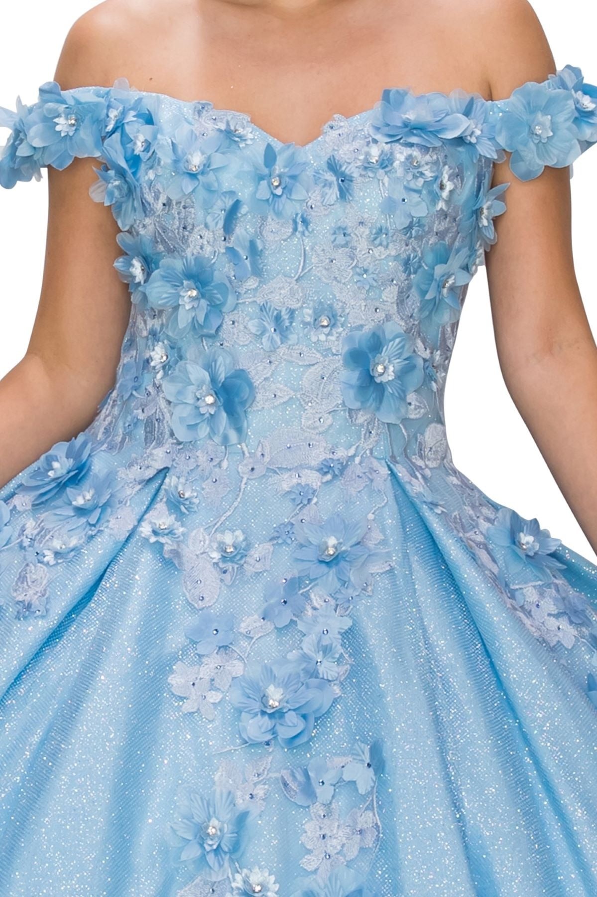 Close-up of a light blue floral dress with off-shoulder design.