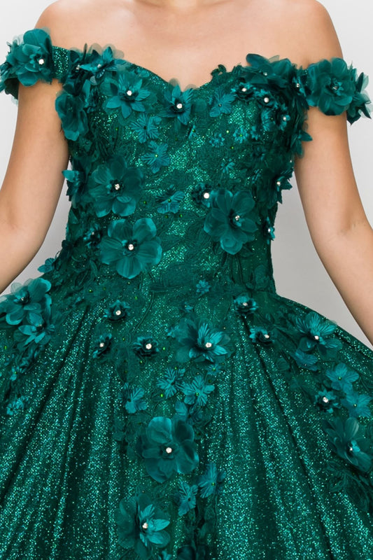 Green floral off-shoulder dress with embellishments on a plain background
