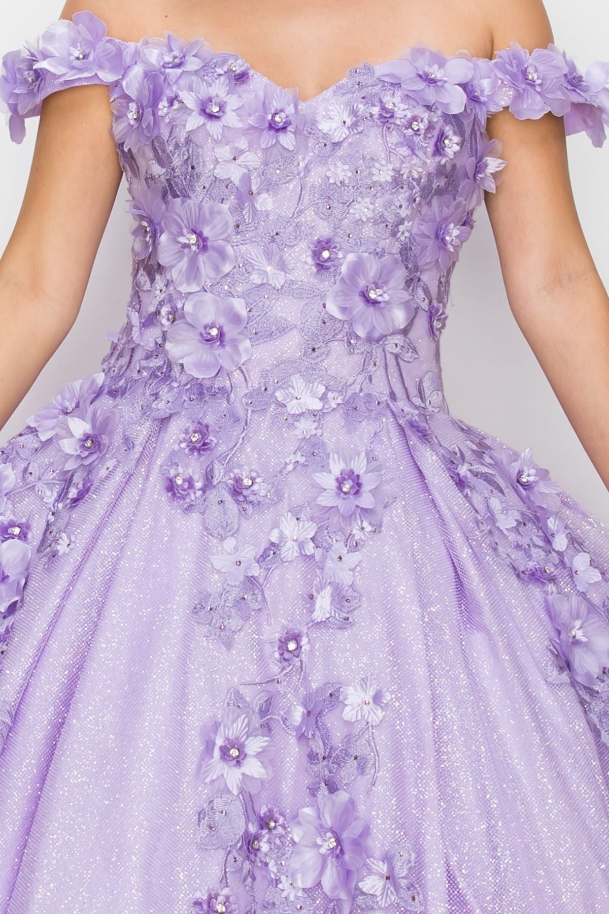Lilac floral dress with off-shoulder design on a plain background