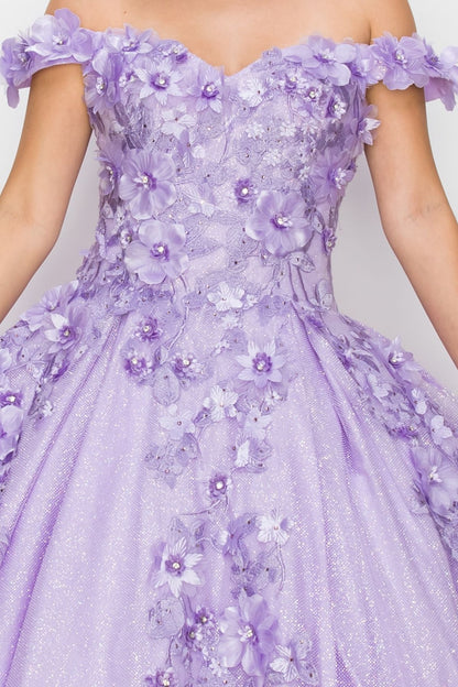 Lilac floral dress with off-shoulder design on a plain background