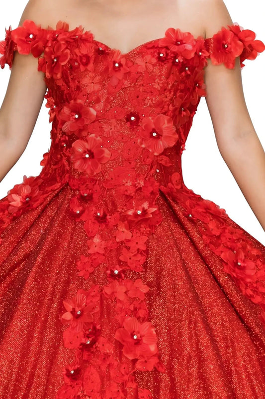 Red floral off-shoulder dress with intricate details on a white background