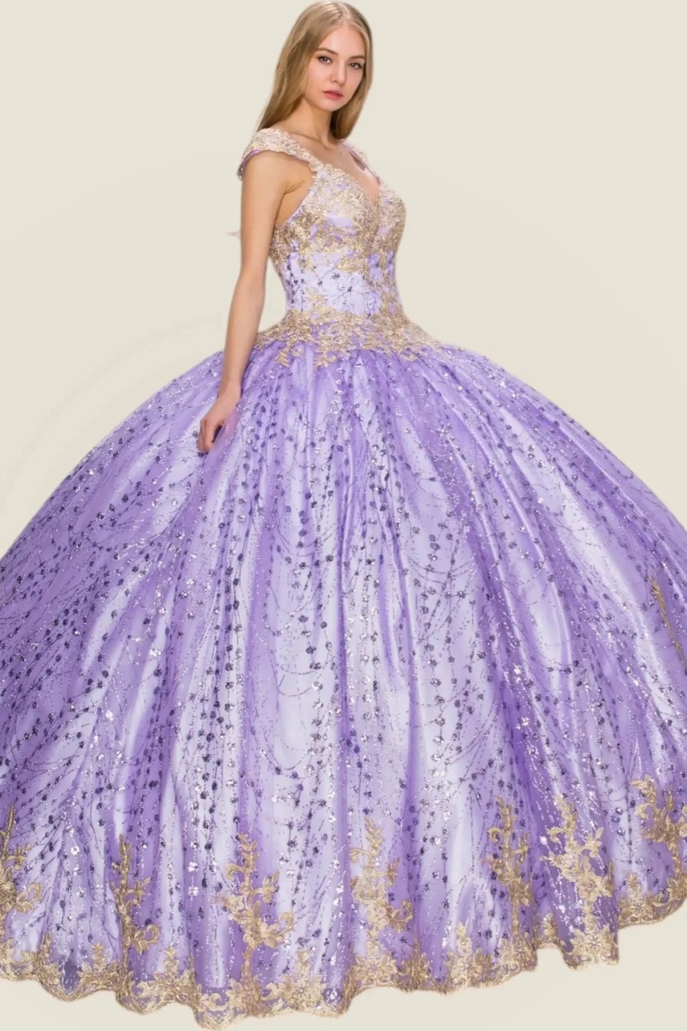 Lilac ball gown with gold accents on a beige background