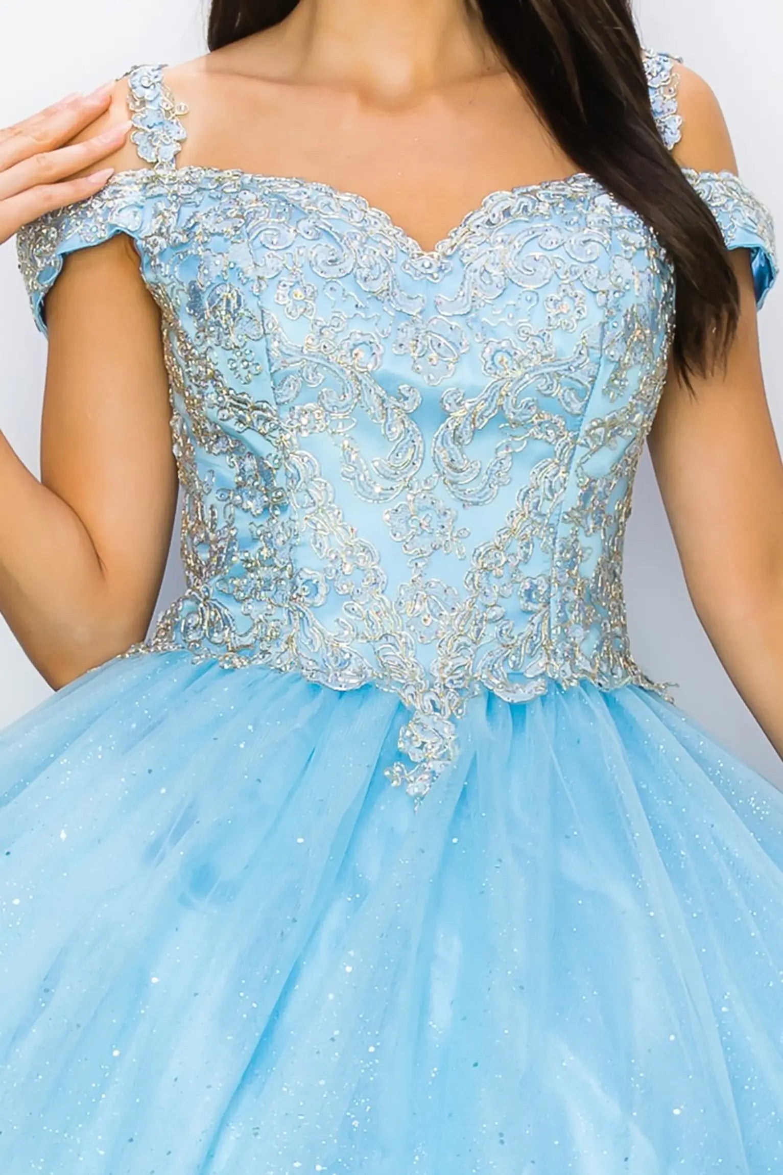 Beautiful Blue Ball Gown Light Gold Coiled Rhinestone Glittered Tulle –  American Stride