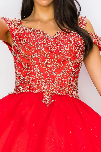 Red quince ball gown with intricate gold embroidery on a plain background