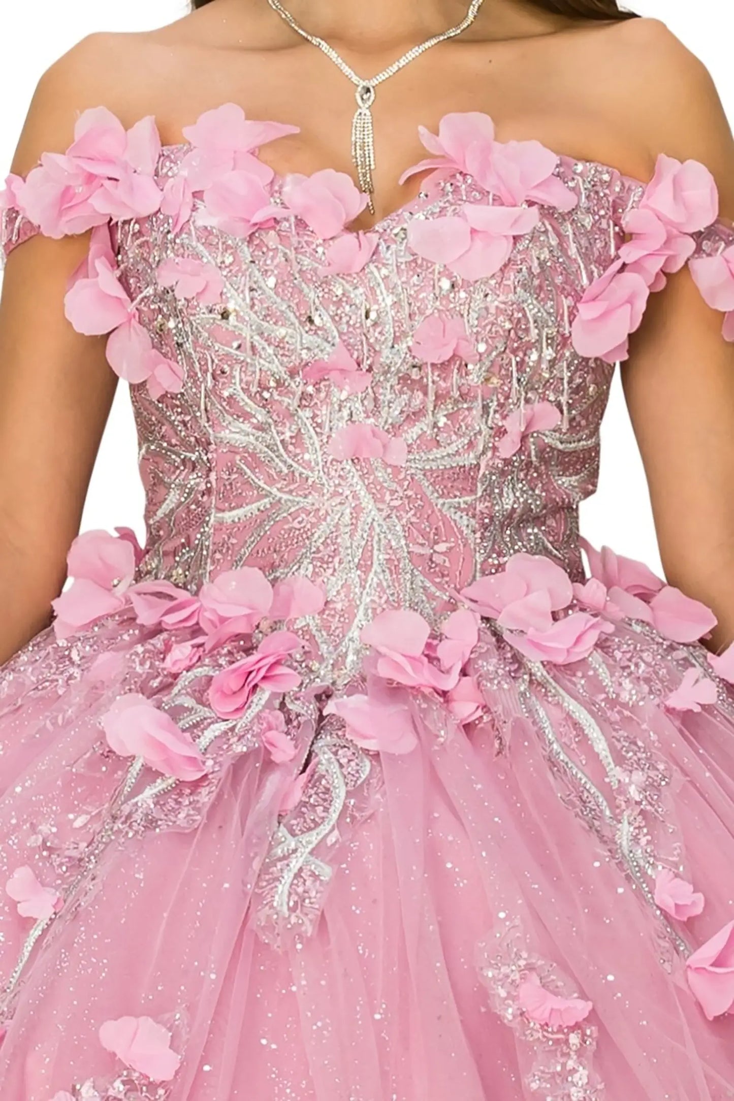 Pink dress with floral details and silver embellishments
