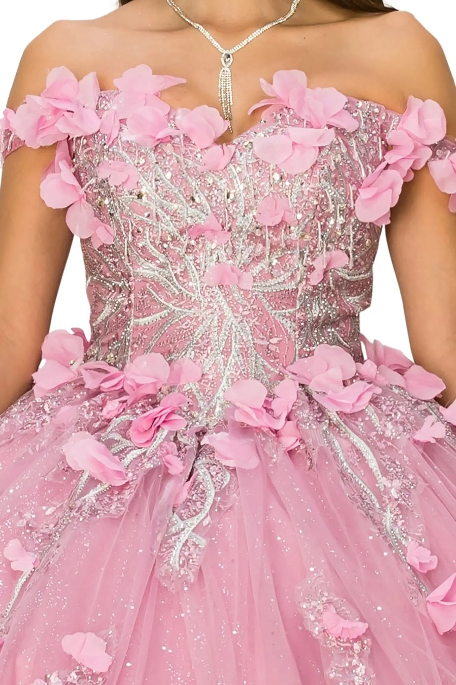 Pink dress with floral details and silver embellishments