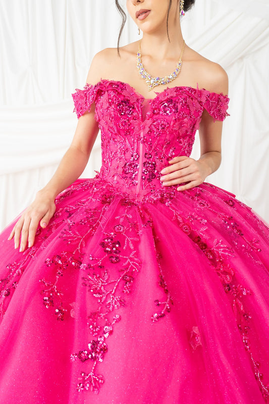  fuchsia off-shoulder gown with floral embellishments on a white background