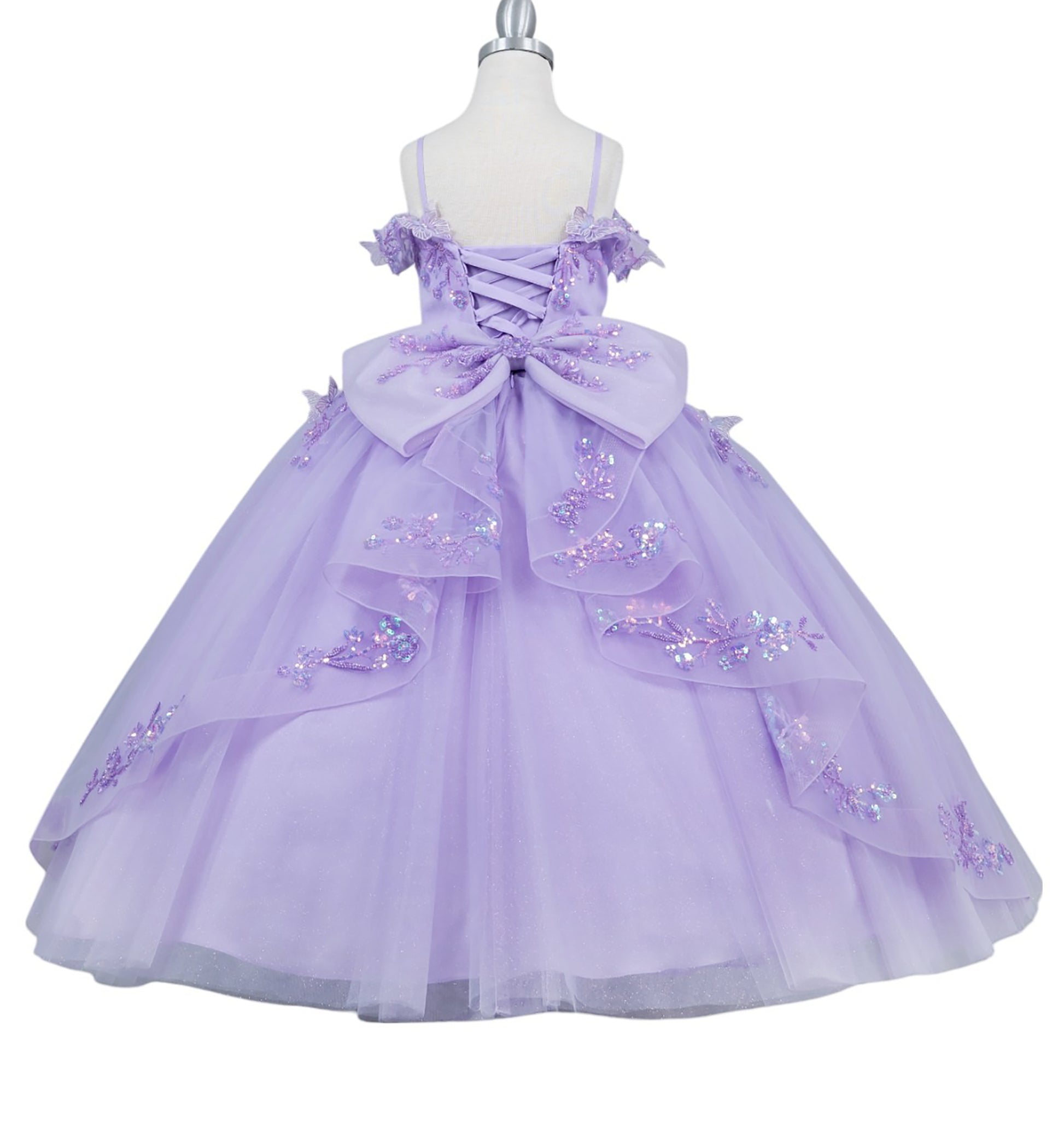 Lavender dress with floral embellishments on a mannequin against a white background