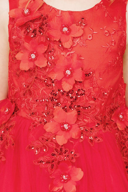 Close-up front-facing view of red sleeveless flower girl dress with 3D floral appliqué bodice and elegant neckline