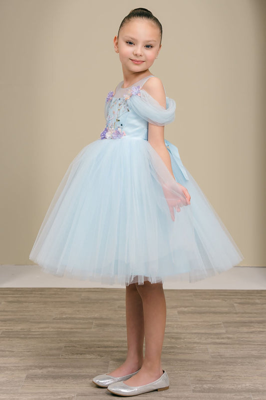 Young girl in a light blue dress with floral embellishments on a beige background