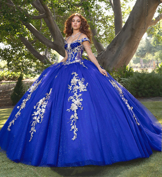 Woman in a blue ball gown with floral details standing outdoors.