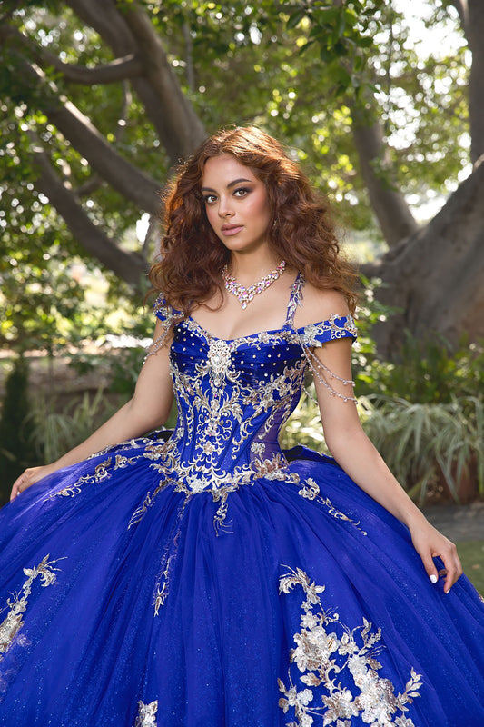 Woman wearing a blue and gold dress with floral embroidery in a garden setting