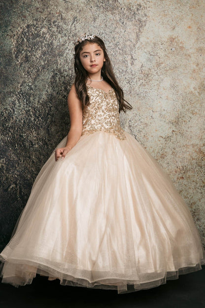 Young girl standing front-facing in champagne kids mini quinceañera dress with sequin beaded embroidery bodice and glitter tulle layered skirt